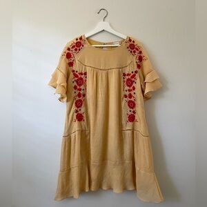 Altar'd State Yellow Mini Dress with Red Floral Embroidery